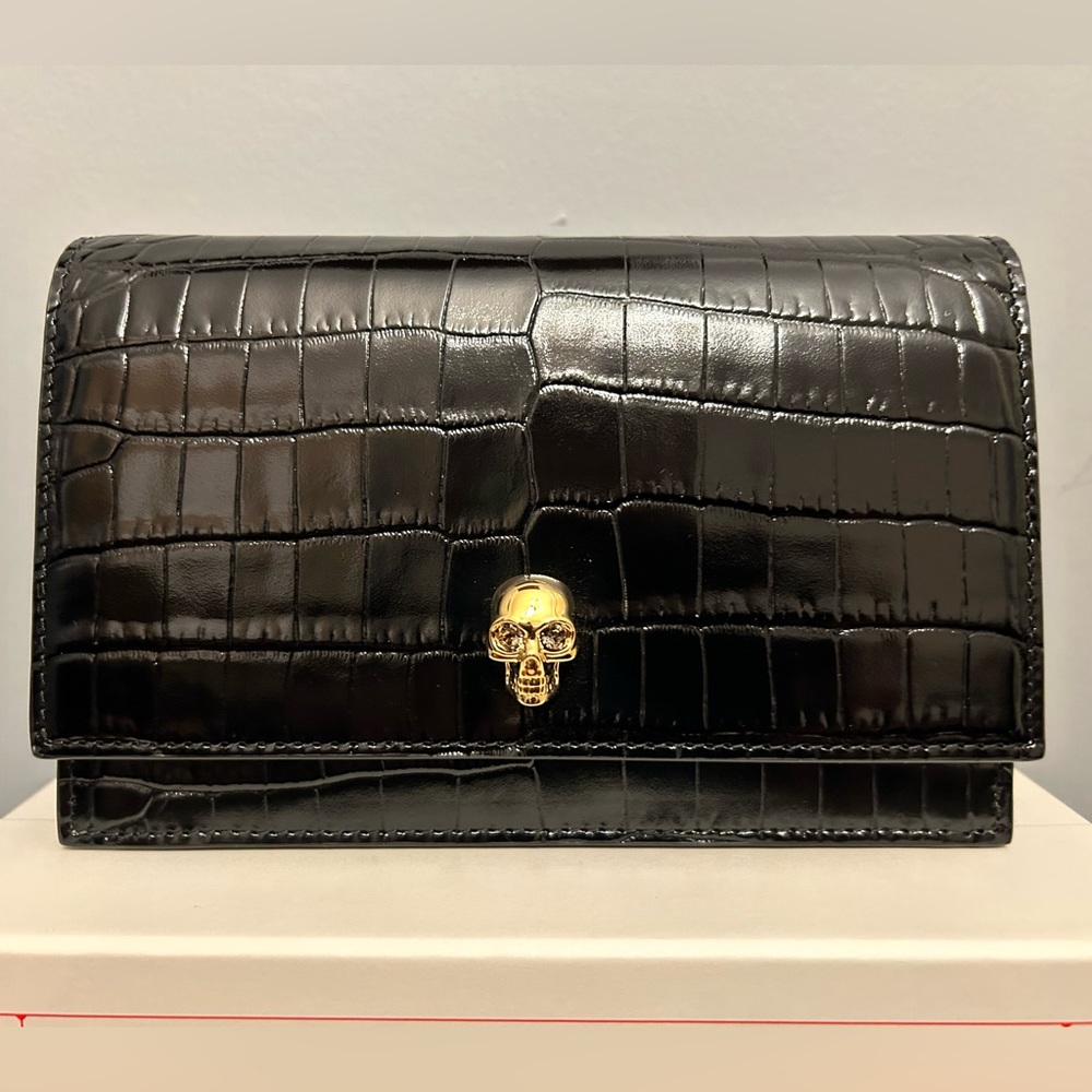 ALEXANDER McQUEEN Small Skull Bag in Croc-Embossed Black Leather & Gold Hardware